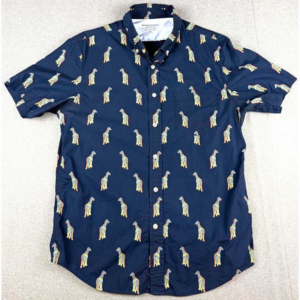 Banana Republic Mens M Luxe Poplin Shirt Giraffe Print Slim Fit Short Sleeve